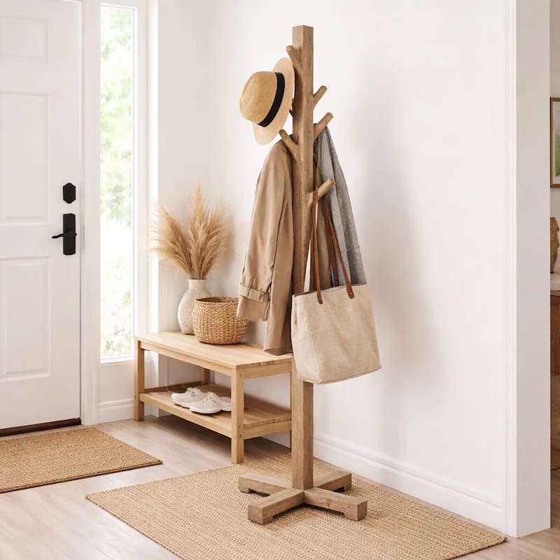 Rena Coat, Hat Tree Stand, 8 Wood Stems, 72 Inch Light Brown Mahogany