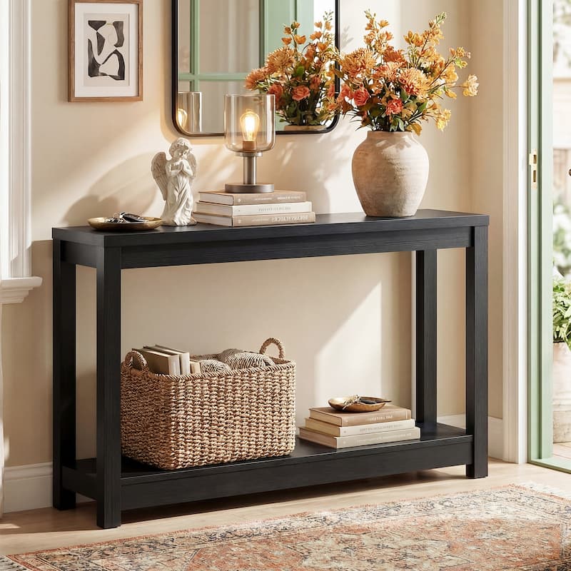 Farmhouse Black Thick Console Sofa Table, Wood Entryway Desk with Storage Shelf