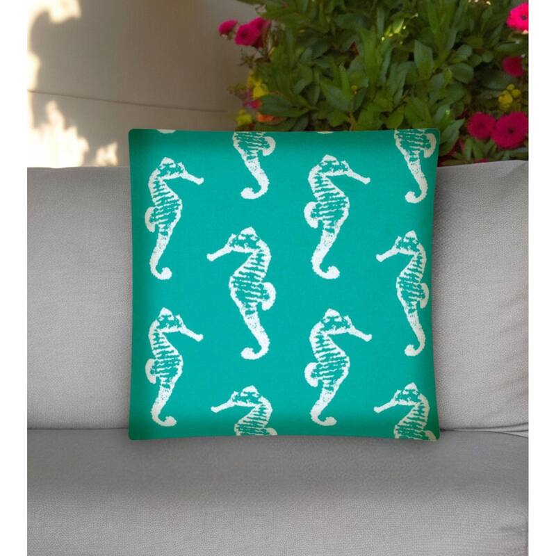 17" Turquoise and White Seahorse Coastal Indoor Outdoor Throw Pillow Cover - Turquoise and White