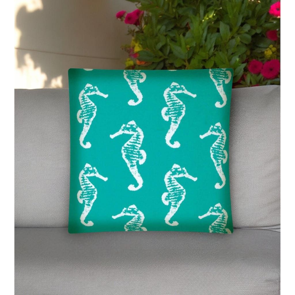 17" Turquoise and White Seahorse Coastal Indoor Outdoor Throw Pillow Cover