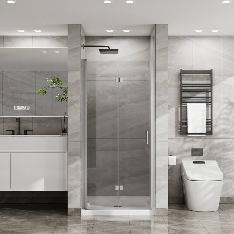 34"x72" Bifold Frameless Shower Door, 1/4" Tempered Glass Pivot Fold - White