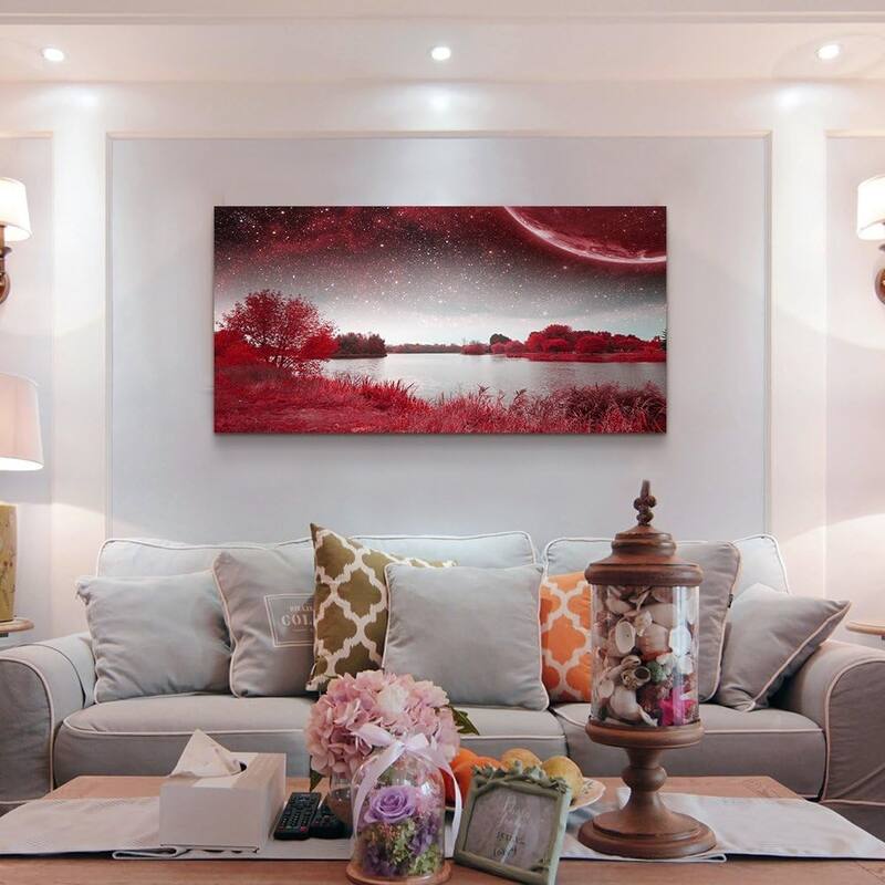 Red Lakes and trees under the starry sky red landscape - 24 x 48