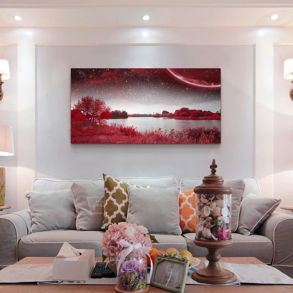 Red Lakes and trees under the starry sky red landscape