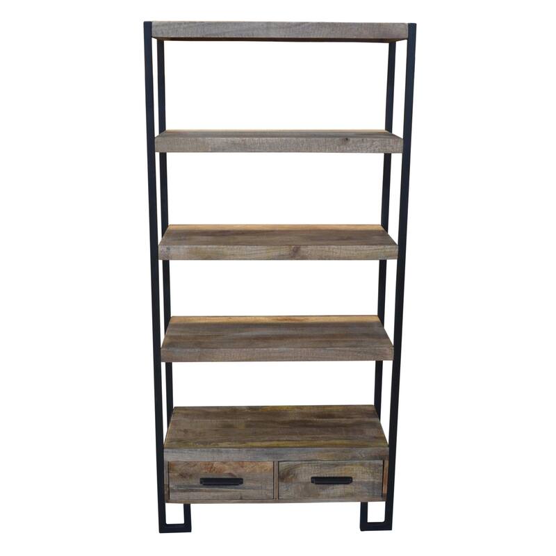 71" Brown Distressed Solid Wood Four Tier Etagere Bookcase with Two Drawers