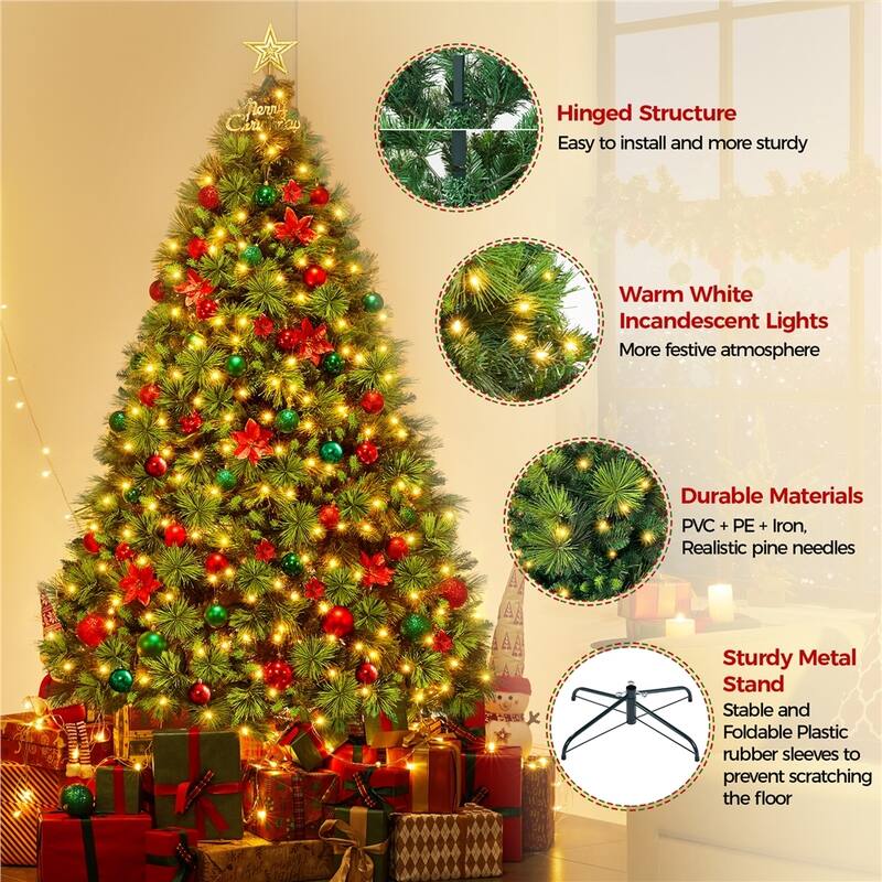 Yaheetech Pre-Lit Christmas Tree Hinged Realistic Tree, Green