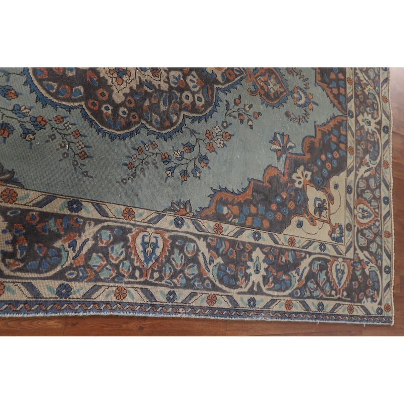 Over-Dyed Blue Tabriz Persian Vintage Rug Hand-Knotted Wool Carpet - 6'2"x 9'5"