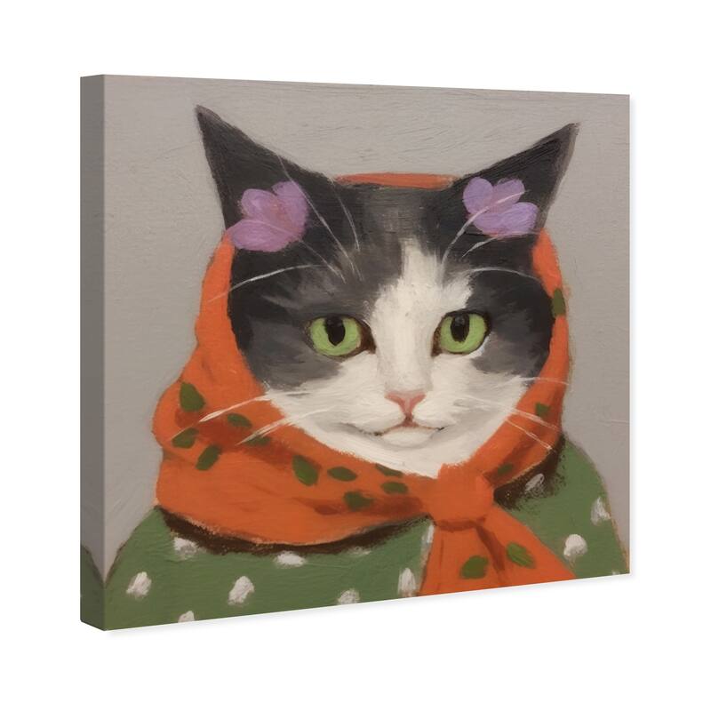 Wynwood Studio Canvas Animals Gatita s Headscarf Orange and Army Green Bohemian & Eclectic Wall Art Canvas Print