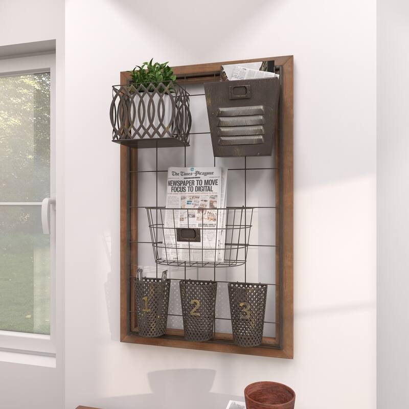 Brown Metal 1 Slot and 5 Baskets Magazine Rack Holder with Suspended Baskets and Label Slot