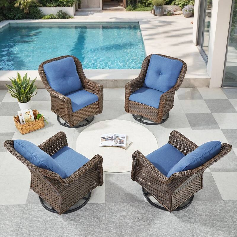 Pocassy Wicker Patio Conversation Set for Backyard - Blue Cushion - 4PCS Swivel Chairs with Cushion
