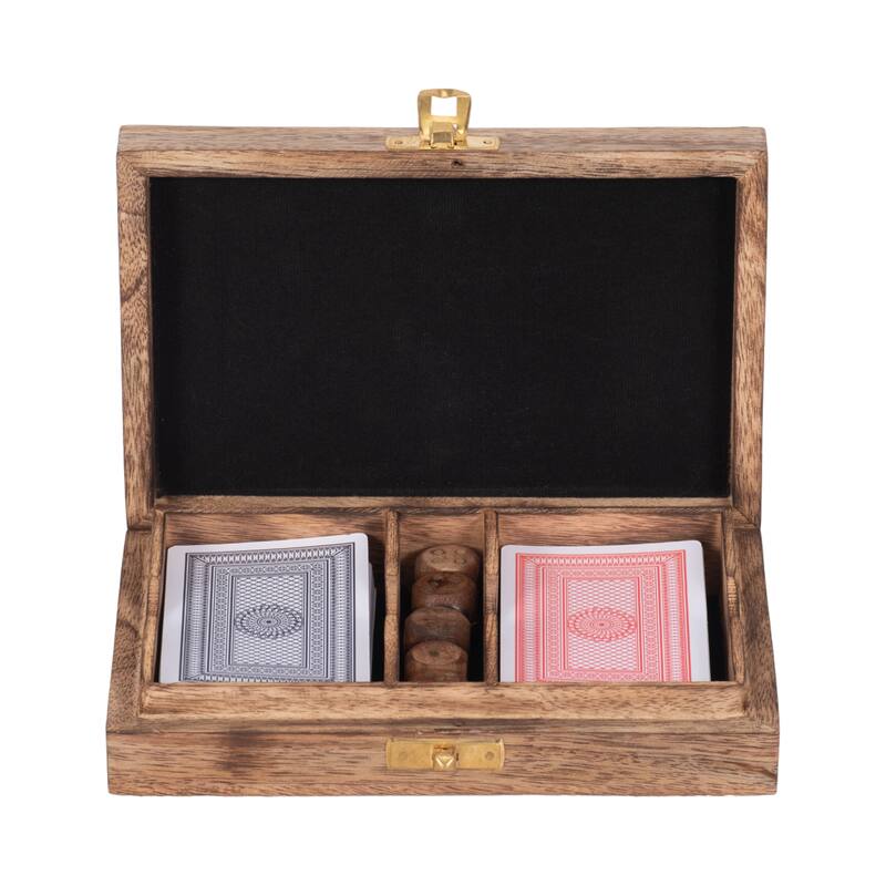 Sagebrook Home's Mango Wood and Brass 7x5 Cards & Dice Box - Artisan Crafted, Brown, Ideal for Home Entertainers - 7" x 5" x 2"