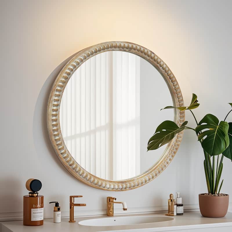 Round Decorative Wall Mirror, 23.62" Distressed Wood Beaded Frame Mirror for Entryway, Living Room, Bathroom - Natural Wood