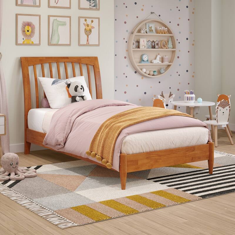 Solid Wood Sleigh Bed - Low Profile Platform Bed Frame, Twin Size, Light Toffee Finish