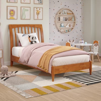 Solid Wood Sleigh Bed - Low Profile Platform Bed Frame, Twin Size, Light Toffee Finish