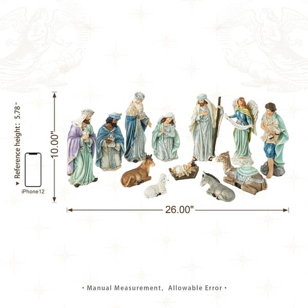 dimension image slide 25 of 30, Glitzhome 12pcs Resin Christmas Multi/ Blue/ Ivory Nativity Figurines Set