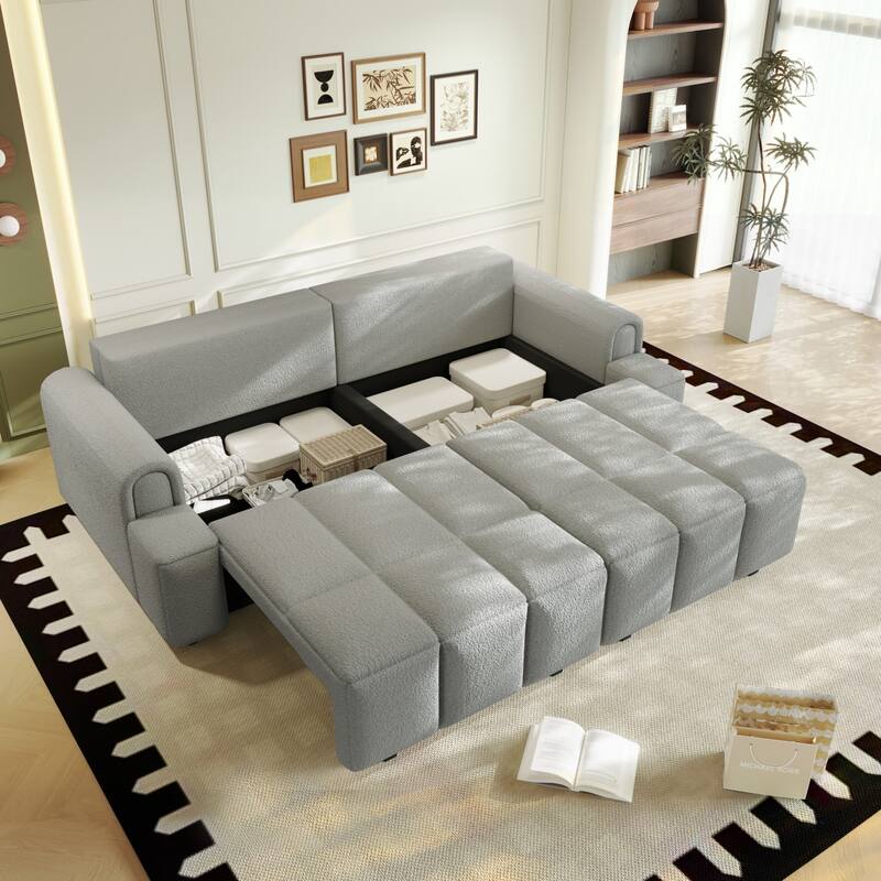 90.2" Convertible 4-Seater Teddy Fabric Sofa with Storage