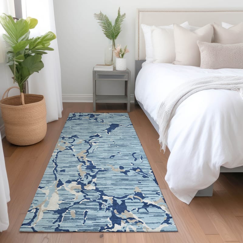 Machine Washable Indoor/ Outdoor Abstract Camo Chantille Rug - Denim - 2'3" x 7'6"