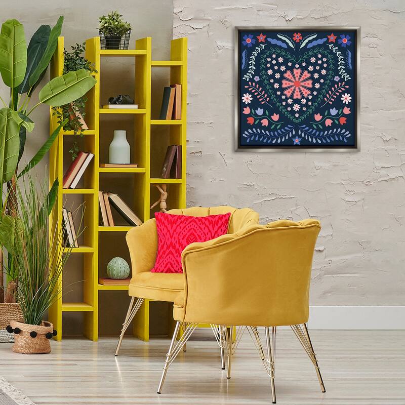 Stupell Folk Flowers in Heart Pattern Framed Floater Canvas Wall Art Design By Sazerelli Designs