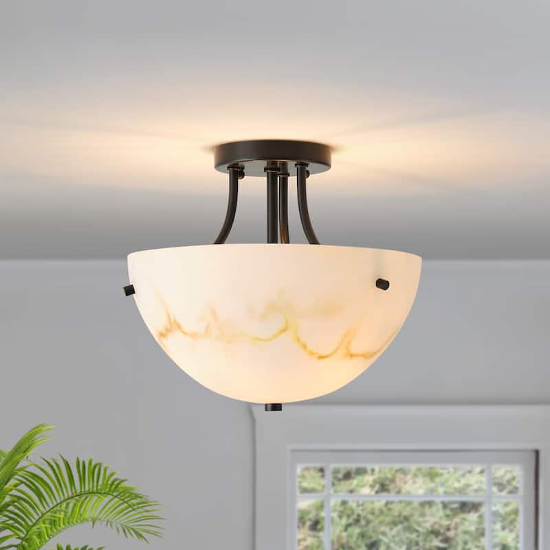 Starsky 2-Light Bowl Veined Faux Alabaster Semi Flush Mount - Black