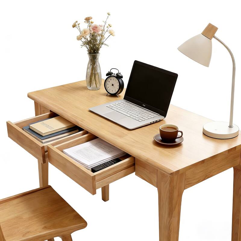 Anmytek Natural Solid Wood Writing Desk with Storage Drawers Mid Century Modern Home Office Workstation for Small Spaces