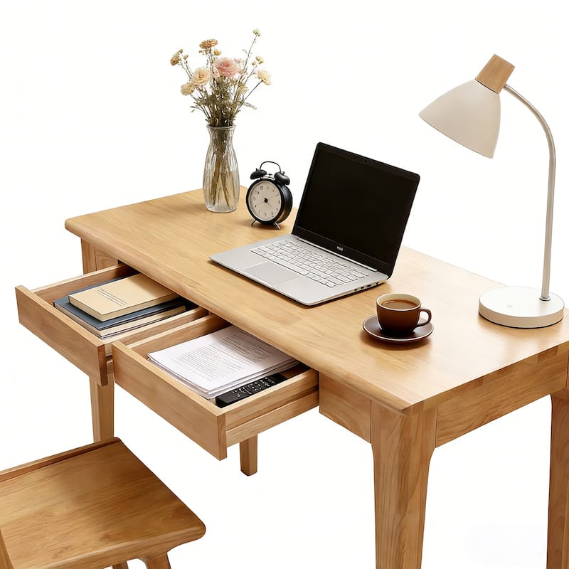 Solid Wood Mid-Century Modern Desk with Drawers for Home Office