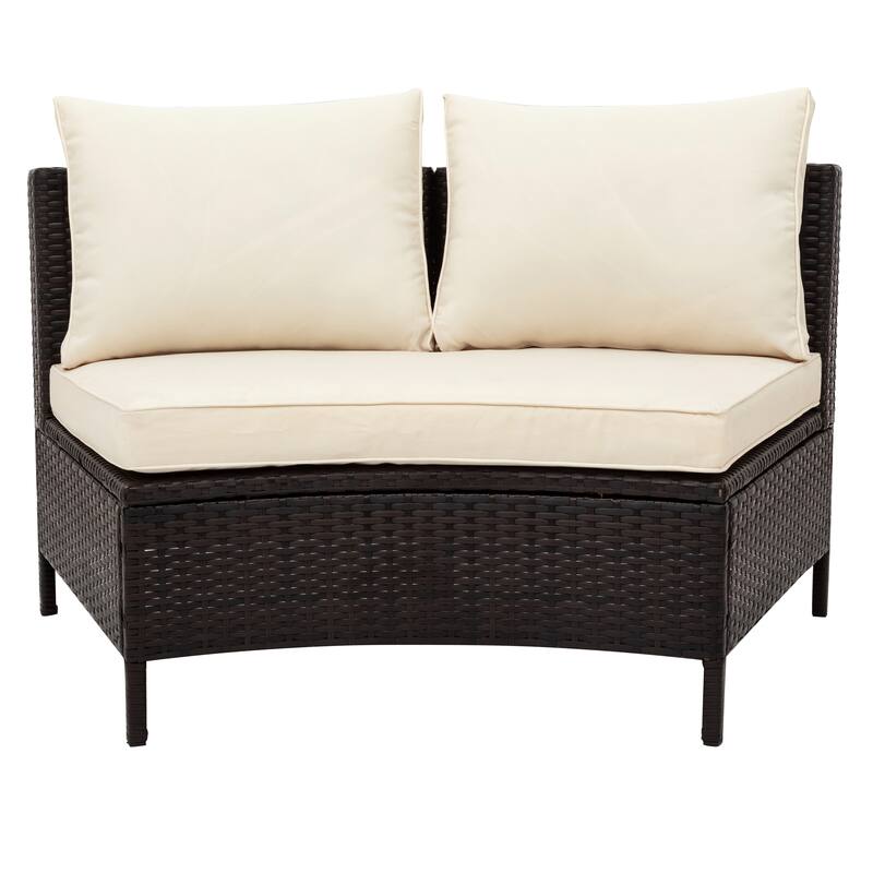 5-Piece Half-Moon PE Rattan Patio Sofa Set with Cushions & Tempered Glass Table, Outdoor Sectional Seating Group