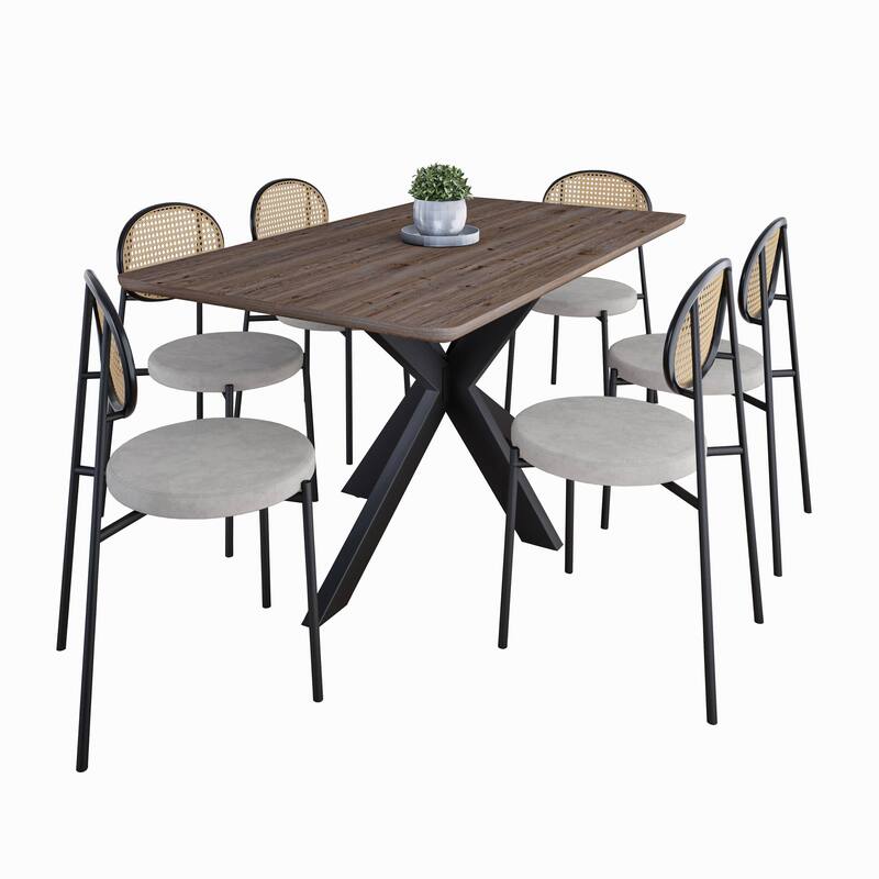 Ravenna 69" Rectangular Wood Dining Table with 6 Euston Wicker Dining Chairs - Rustic Grey/Grey