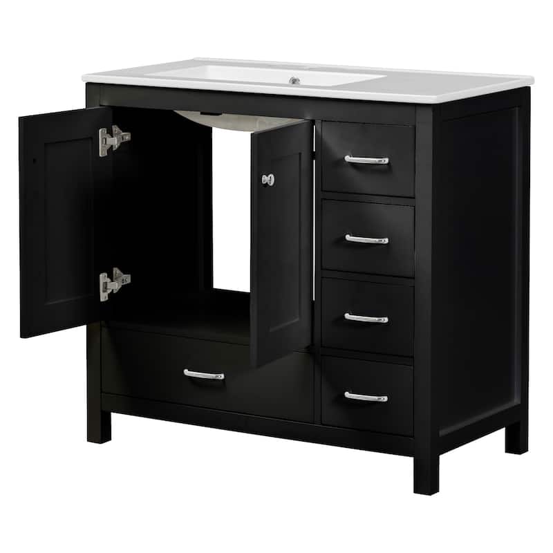 36" Black Bathroom Vanity with Ceramic Undermount Sink, 5 Drawers & Soft Close Doors, Painted Finish for Small Spaces