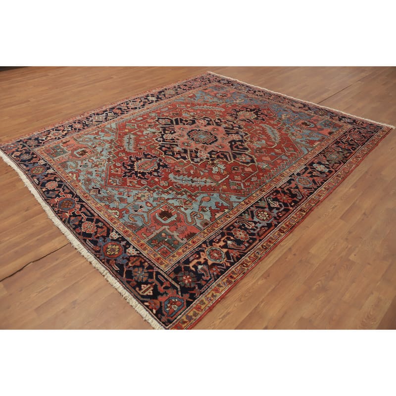 Hand Knotted Oriental 100% Wool Carpet Traditional Medallion Oranges & Rust Heriz (serapi) Area Rug - 8' 5'' X 7' 3''