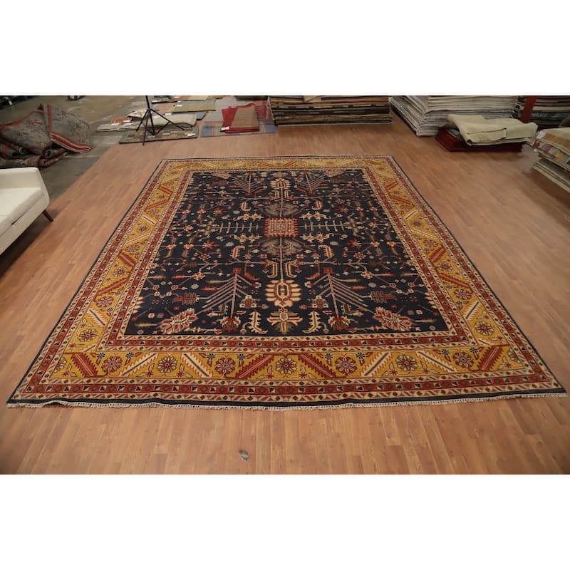 Hand Knotted Oriental 100% Wool Carpet Transitional All-Over Navy Blue & Blues Oushak Area Rug - 14' 11'' X 12' 0''