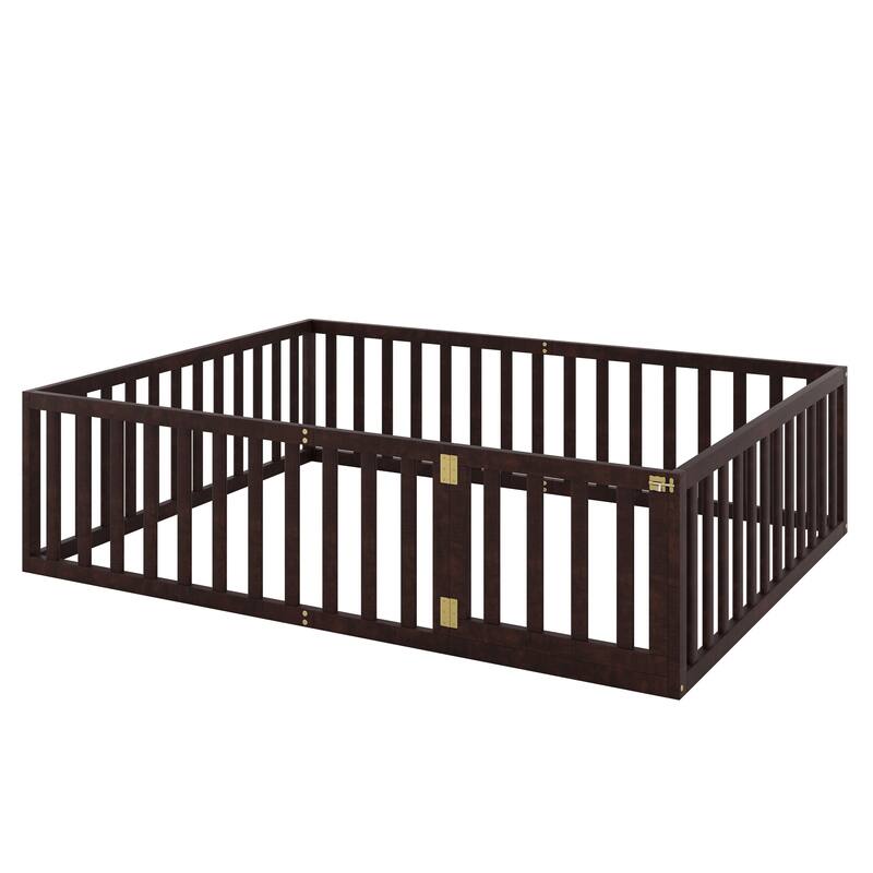 Queen Size Floor Bed Frame with Fence and Door Sturdy Plywood