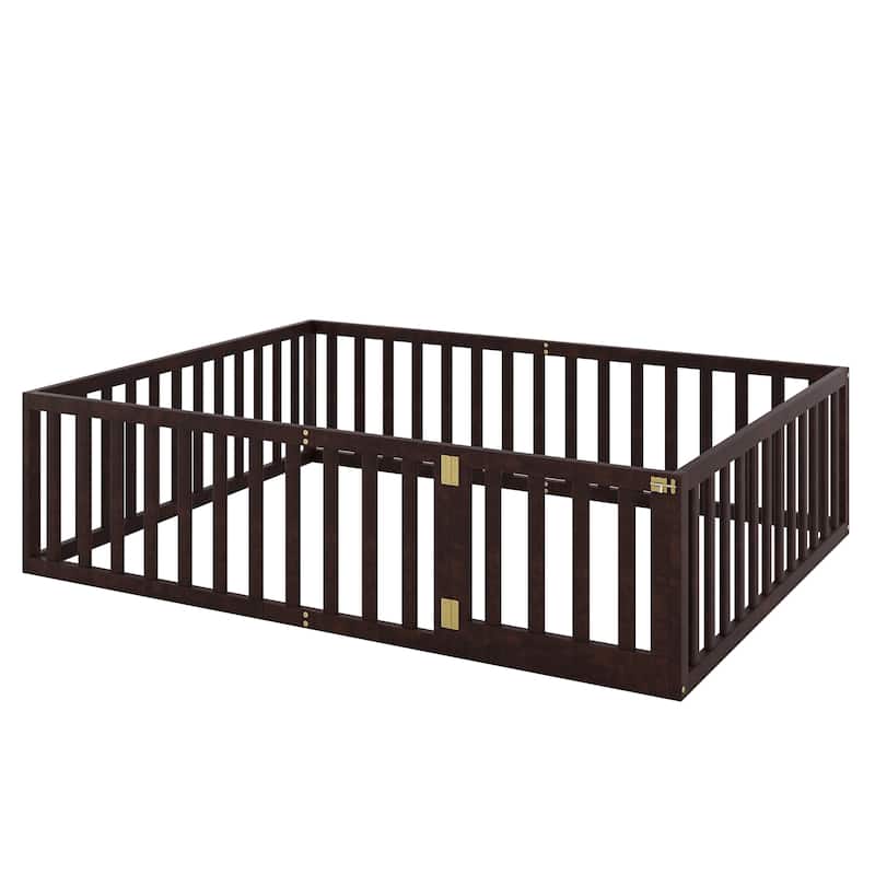 Queen Size Fully-fenced Wood Floor Bed with Gate