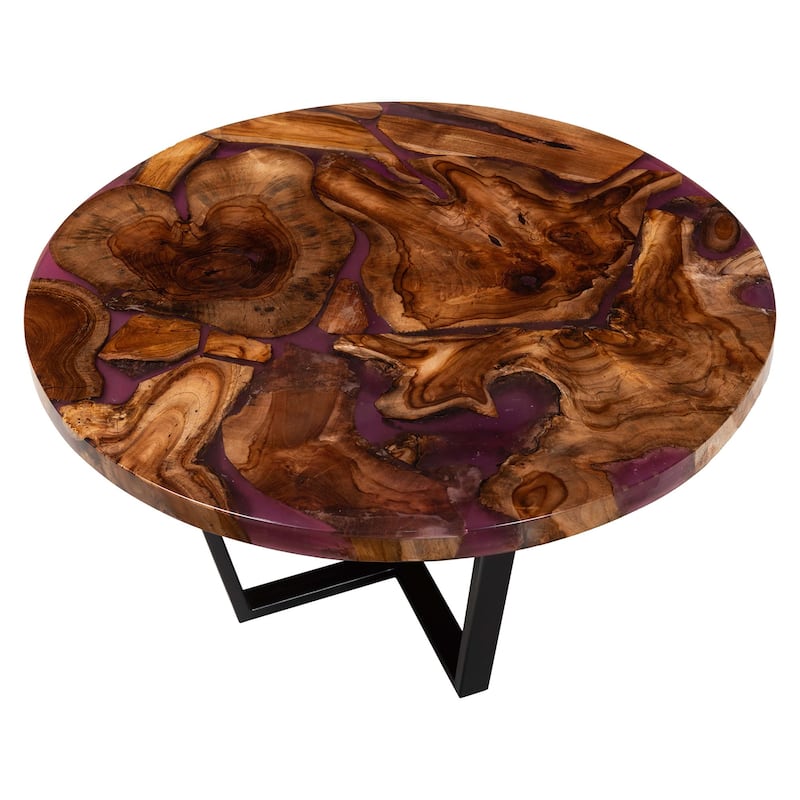 Apio Round Wood Epoxy Resin Coffee Table - Handcrafted Live Edge Teak Wood Accent Table with Black Metal Base, Modern Rustic