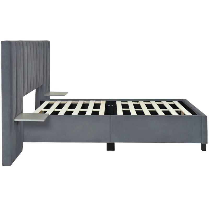 Modern Style Velvet Upholstered Platform Bed with Big Headboard for Bedroom