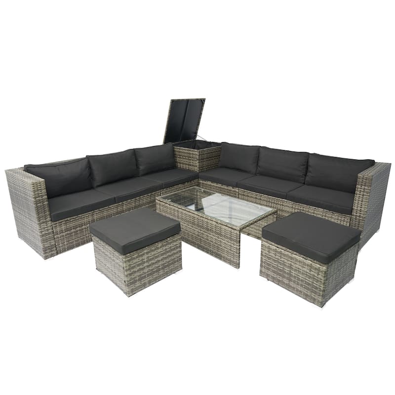 8 Piece Patio Sectional Wicker Rattan Outdoor Furniture Sofa Set with One Storage Box Under Seat