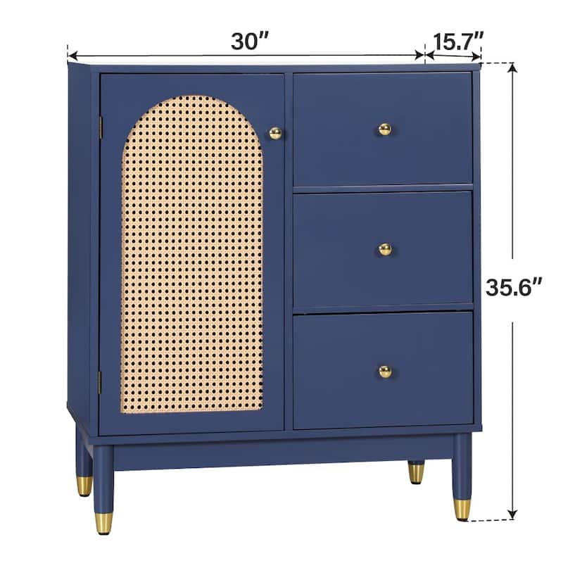 Blue Storage Cabinet with Rattan Doors and Adjustable Shelves
