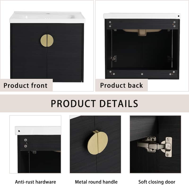 24-Inch Soft-Close Bathroom Vanity with Ceramic Sink, Ample Storage, Wall-Mounted Design for Compact Bathrooms