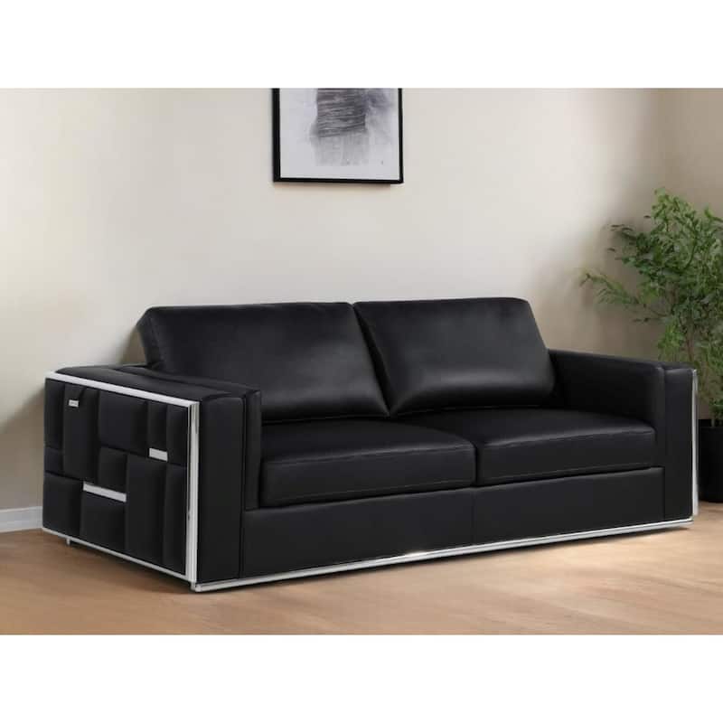HomeRoots 89" Black Italian Leather Sofa With Silver Legs - 89