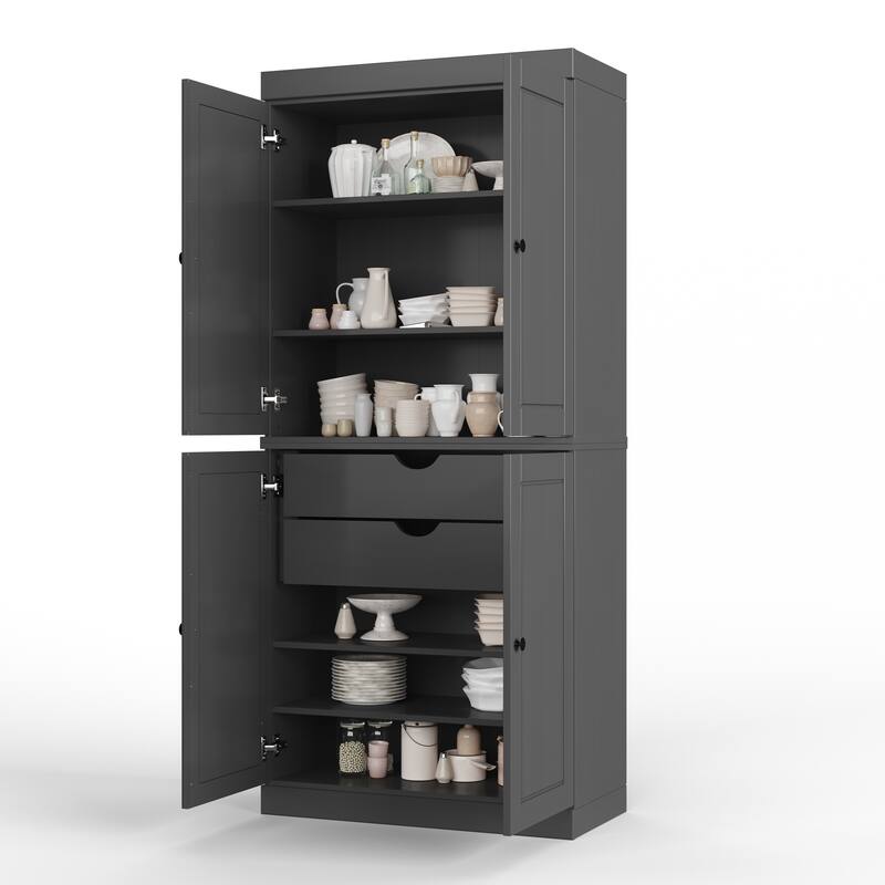 Palace Imports 100% Solid Wood Pantry Cabinet with Frosted, Clear Glass or Solid Doors, 2-Drawers and Adjustable Shelves