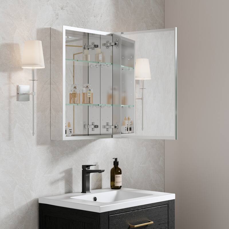 Recessed or Surface Wall Mount Bathroom Medicine Cabinet With Adjustable Glass Shelves