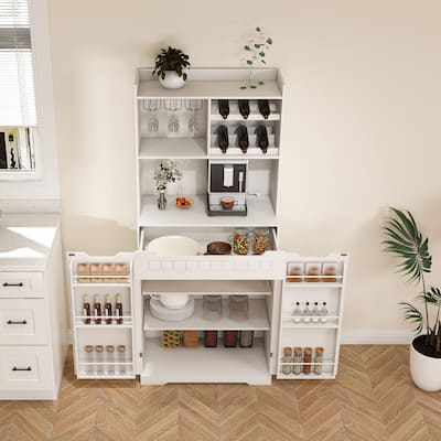 Kitchen Pantry Cabinet with 2 Drawers & Barn Doors, Freestanding Sideboard with Internal Storage Rack & Open Compartments