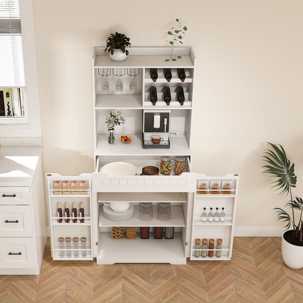 Kitchen Pantry Cabinet with 2 Drawers & Barn Doors, Freestanding Sideboard with Internal Storage Rack & Open Compartments