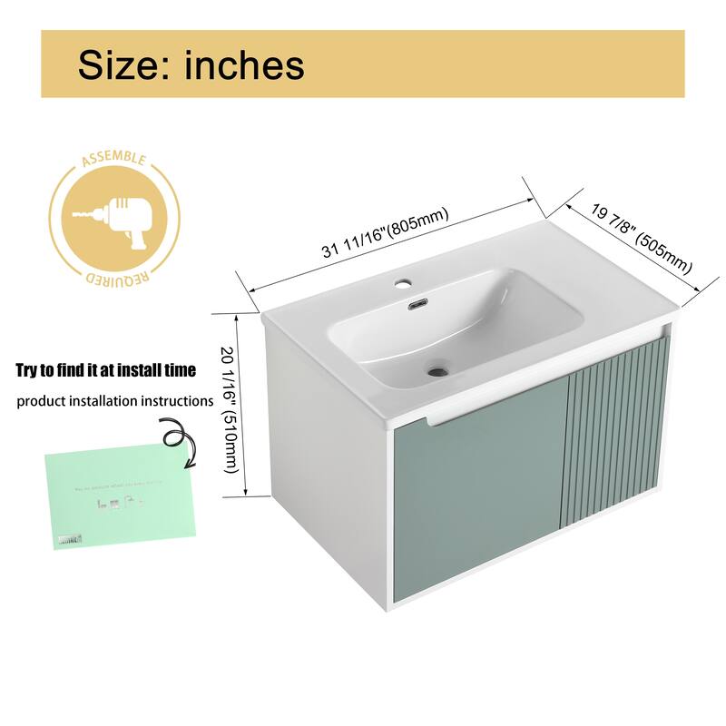 Malwee 32"/36"/40" Floating Bathroom Vanity, Wall Mounted Bathroom Vanity with Ceramic Sink,Soft Close Doors