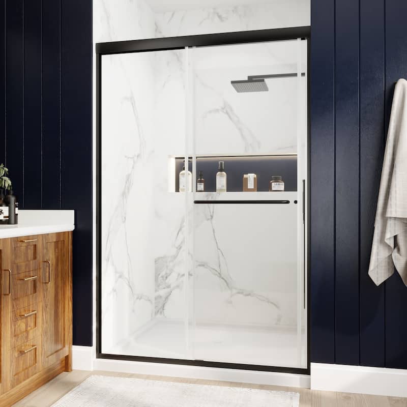 Modland 44''- 48'' W x 72'' H Glass Semi-Frameless Double Sliding Shower Tub Door in Matte Black / Brushed Nickel - Matte Black