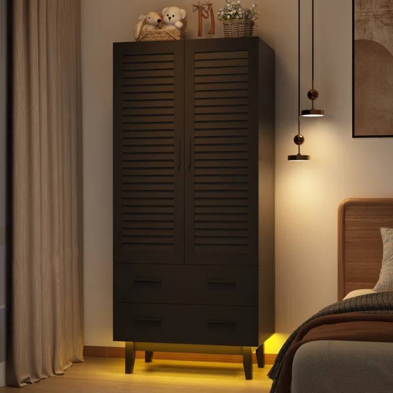 Contemporary Pine Wood Wardrobe with Adjustable Shelves LED Lighting Drawers and Louver Doors - 71'' H X 31.51'' W X 19.72'' D