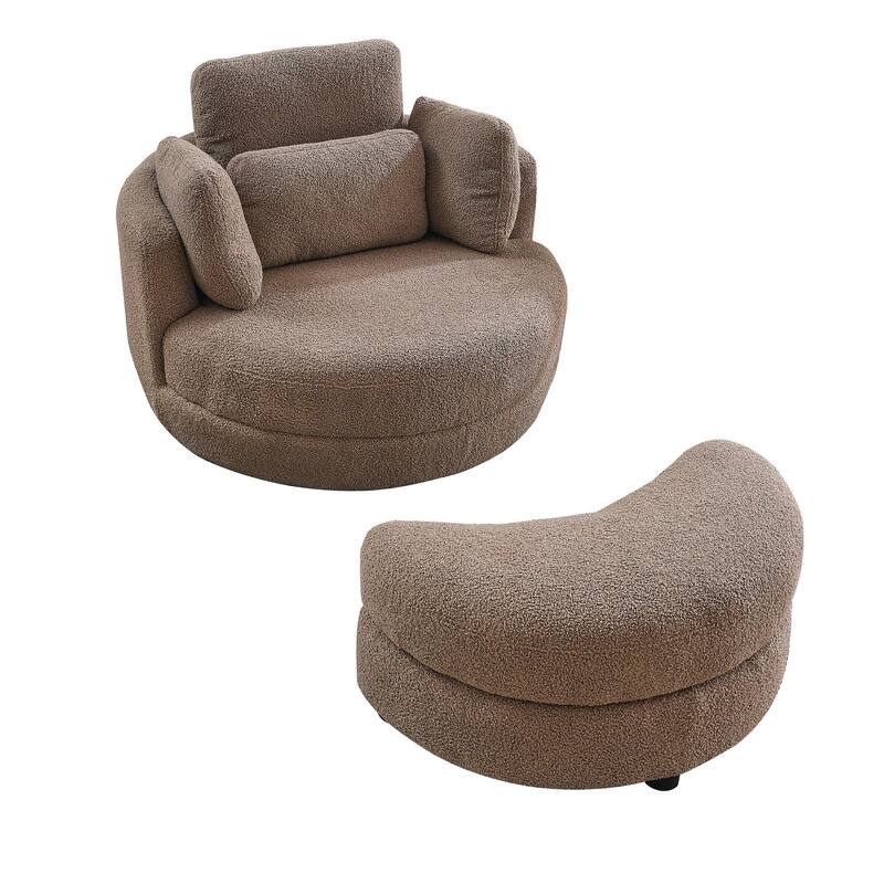 Oversized Teddy Fabric Swivel Barrel Chair with Moon Ottoman & 4 Pillows