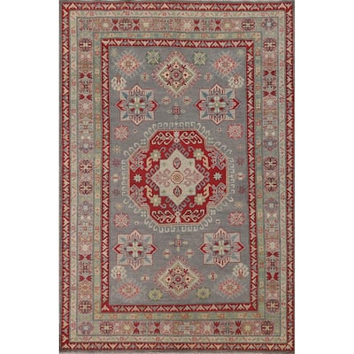 Gray Geometric Kazak Oriental Area Rug Handmade Wool Carpet - 5'7" x 7'11"
