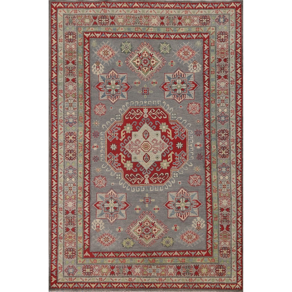 Gray Geometric Kazak Oriental Area Rug Handmade Wool Carpet - 5'7" x 7'11"