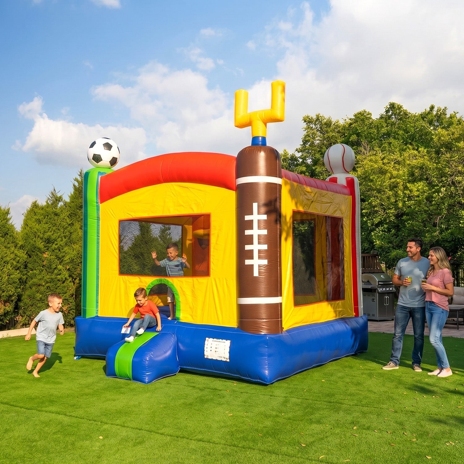 HeroKiddo 13 ft x 13 ft Sports Arena Theme Bounce House Inflatable Jumper with Basketball Hoop