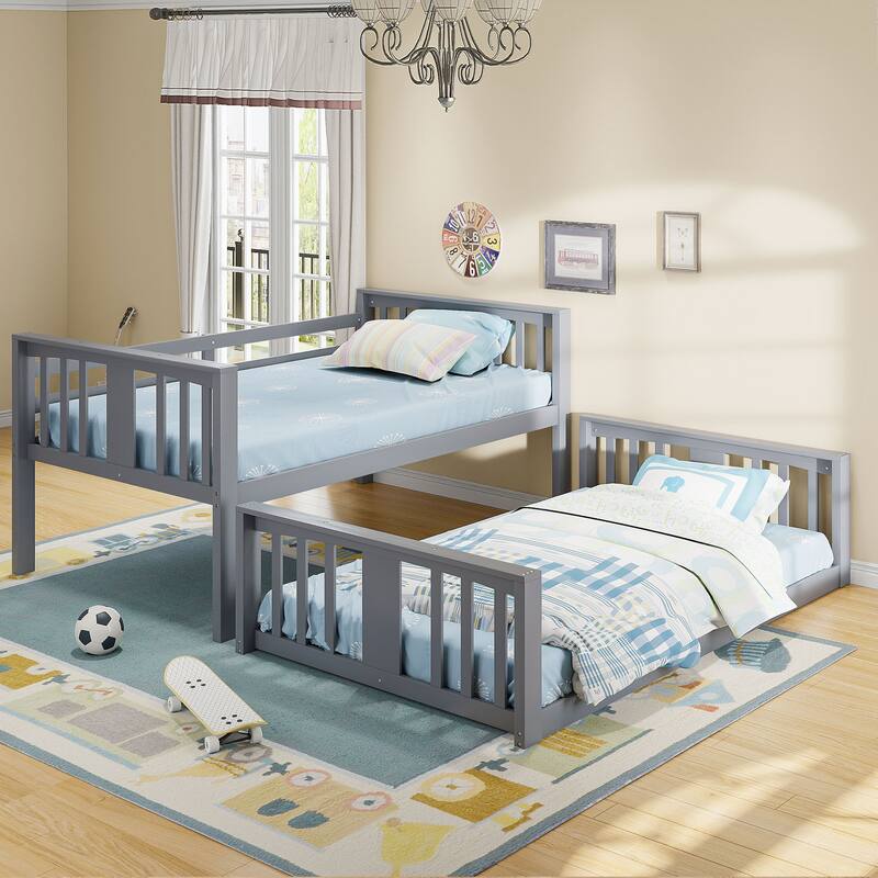 Twin Over Twin Floor Bunk Bed with Ladder, Solid Wood Bunk Bed Frame with Full-Length Guardrail, Detachable into 2 Separate Beds