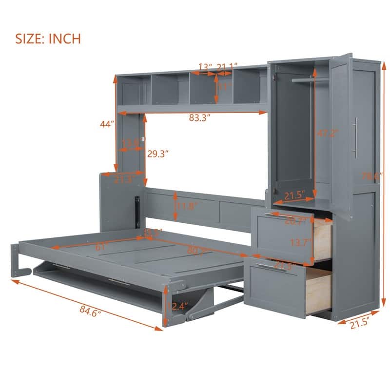 Queen Size Murphy Bed Wall Bed with Closet and Drawers